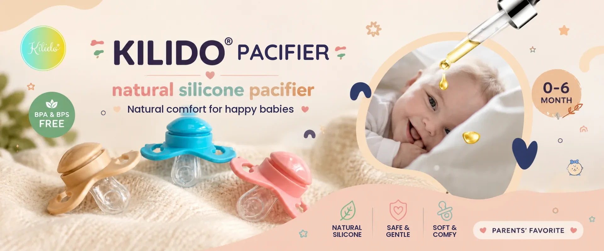 Kilido silicone pacifier with a built-in drop holder — in blue, beige and pink